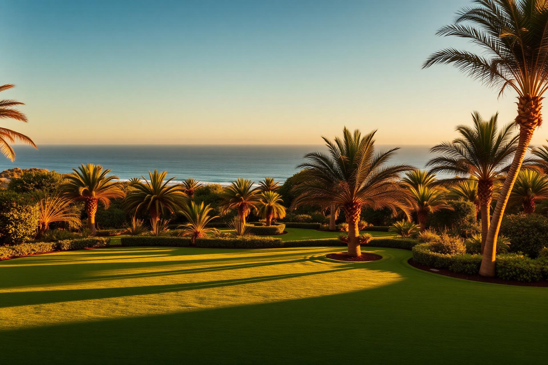 Manicured coastal garden in Ballito at golden hour